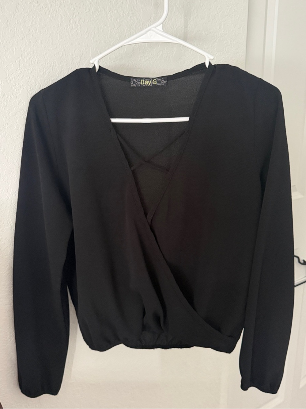 Day G Black Faux-Wrap Long-Sleeve Top with Crisscross Detail